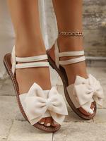 Women's Cute Bowknot Design White Flat Sandals, Casual Open Toe Slingback Strap Boho Style Sandals for Beach Vacation, Fashio...