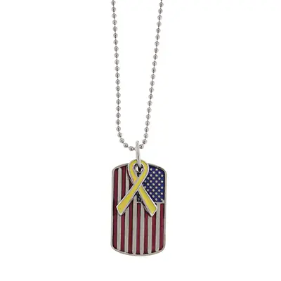 Silver-Tone Enameled Flag Dog Tag w/ Yellow Ribbon Necklace 24