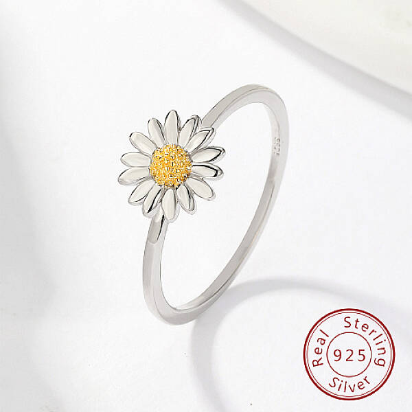 Anti-Tarnish Rhodium Plated 925 Sterling Silver Daisy Flower Finger Ring for Women