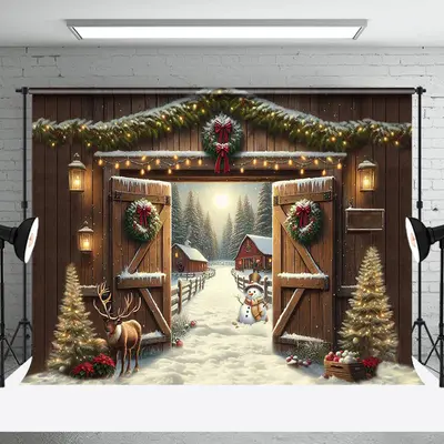 Wooden Door Elk Tree Snowy Winter Christmas Backdrop