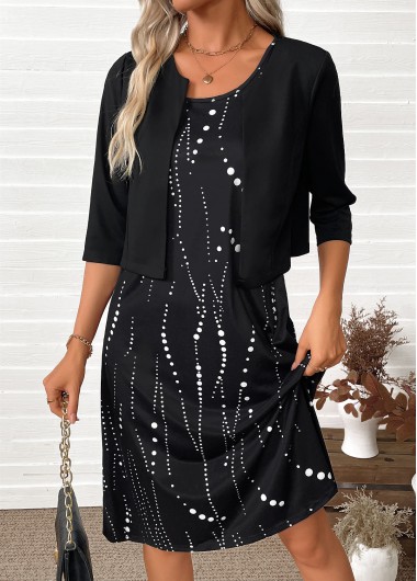Modlily Black Tummy Coverage Polka Dot Dress and Cardigan - XL