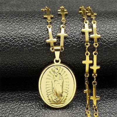 304 Stainless Steel Miraculous Medal Virgin Pendant Cross Link Chain Necklaces