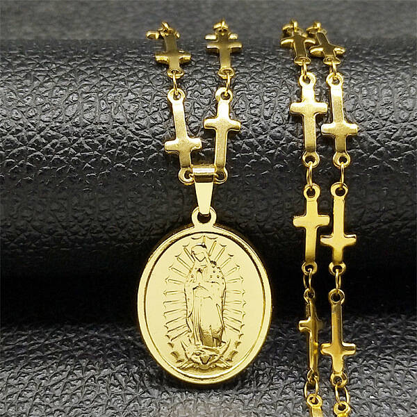 304 Stainless Steel Miraculous Medal Virgin Pendant Cross Link Chain Necklaces