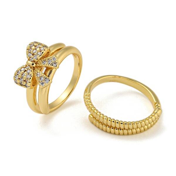 Bowknot Brass Micro Pave Clear Cubic Zirconia Double Rings