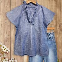SageVell Blue White Striped Ruffle Neck Blouse Breathable Summer Style, Effortless Casual Chic