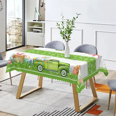 White Green Plant Bunny Easter Rectangle Tablecloth - Aperturee