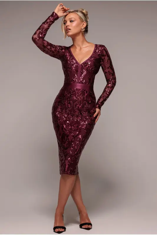 Goddiva Sequin & Mesh Midi Dress - Burgundy
