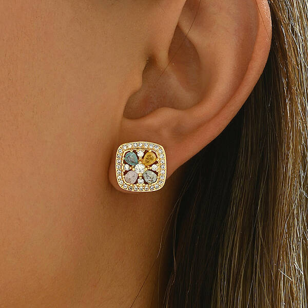 Elegant Brass Pave Cubic Zirconia Square Stud Earrings