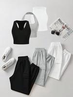 Women's Solid Color Crop Tank Top & High Waist Pants Set, Casual Fitted Sleeveless Top & Trousers for Daily Wear, 2 Piece Se...