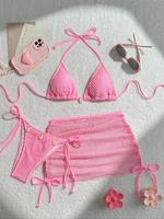 Three-piece Set Women's Plain Bikini Set, Casual Tie Back Swim Top & Tie Side Swim Bottom & Fishing Net Cover Up Swimsuit Set...
