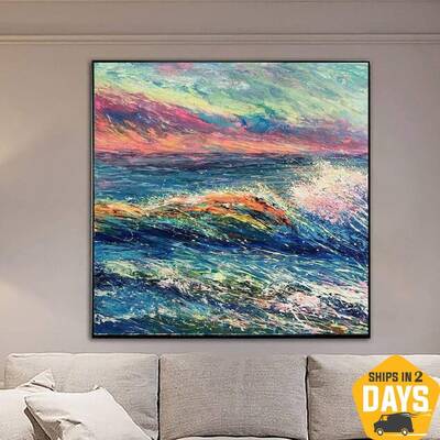Large Seascape Painting on Canvas Marble Wall Art Vibrant Artwork Abstract Wave Painting Giant Wall Art for Interior Design |...