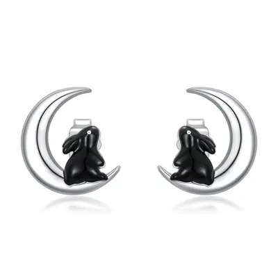 Sterling Silver Two-tone Rabbit & Moon Stud Earrings for Women