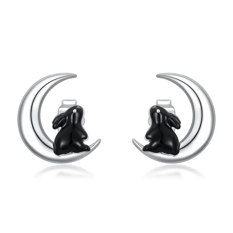 Sterling Silver Two-tone Rabbit & Moon Stud Earrings for Women
