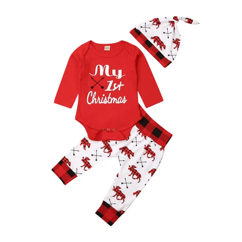 Newborn Baby Boys Christmas Outfits 3Pcs Set My 1st Christmas Romper Bodysuit Plaid Cow Print Long Pants Hat for 0-18 Months ...