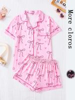 Women's Bow Print Short Sleeve Tee & Shorts Pyjama Set, Elegant Comfy Button Up Top & Elastic Waist Shorts Set, Ladies Sleepw...