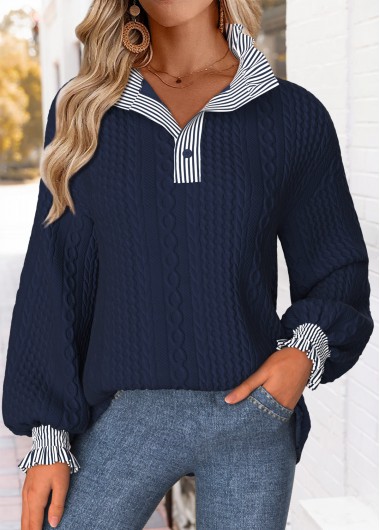 Modlily Navy Curved Hem Striped Long Sleeve Stand Collar Sweatshirt - XXL