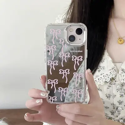 Aesthetic Bowknot Pattern Mirror Cellphone Case, Shockproof Decorative Smartphone Protector Cover, Phone Protection ...