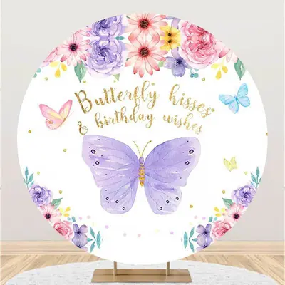 Aperturee Purple Butterfly And Floral Round Birthday Backdrop