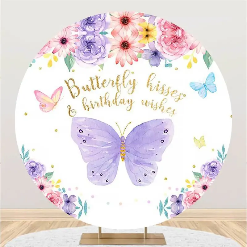 Aperturee Purple Butterfly And Floral Round Birthday Backdrop