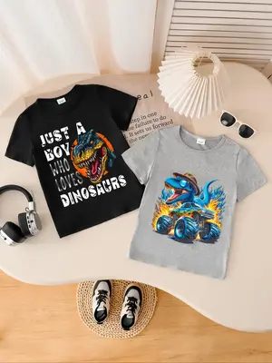 Toddler Boy's Dinosaur Print Short Sleeve Tee & Letter Print Shorts Two-piece Set, Casual Round Neck T-shirt & Shorts, Summer...