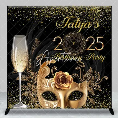Aperturee Black Gold Mask Masquerade Custom Name Backdrop, 3X3FT(1X1M), 15 USD, custom birthday backdrops, DZYM0Z25-O