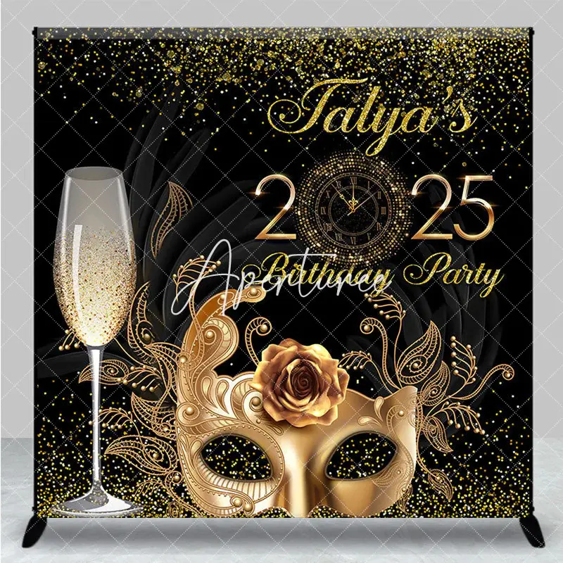 Aperturee Black Gold Mask Masquerade Custom Name Backdrop, 3X3FT(1X1M), 15 USD, custom birthday backdrops, DZYM0Z25-O
