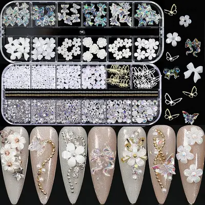 2 Piece 3D Acrylic Butterfly Flowers Bear Nail Charms Art , Crystal Rhinestones Multi Shapes Pearl Gold Metal Art, Decal Jewe...