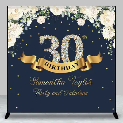 Custom Navy Blue Pink Floral 30th Birthday Backdrop - Aperturee