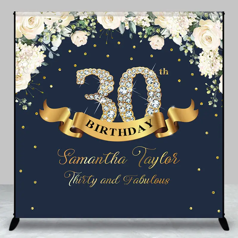 Custom Navy Blue Pink Floral 30th Birthday Backdrop - Aperturee