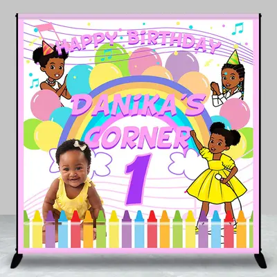 Cute Cartoon Girl Crayon Custom 1st Birthday Backdrop - Aperturee