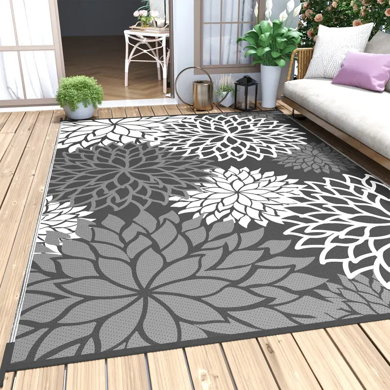 Floral Outdoor Rug Carpet Waterproof Patio Rug Mat Portable RV Camping Rug Mat-Reversible Non Fading Outdoor Area Rug for Dec...
