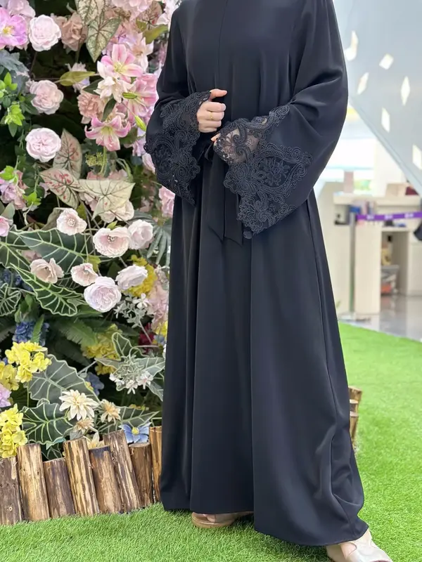 🔥BEST SELLER Black ｜Front Zipper Nursing Abaya Dress✨ 🌺Breathable Nida Fabric｜5 Colors & Sizes｜Lace Cuffs & Adj...