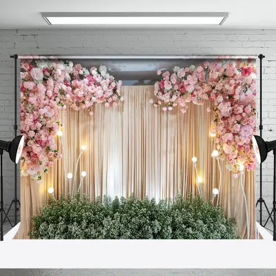 Pink Floral Curtain Valentines Day Photo Backdrop - Aperturee