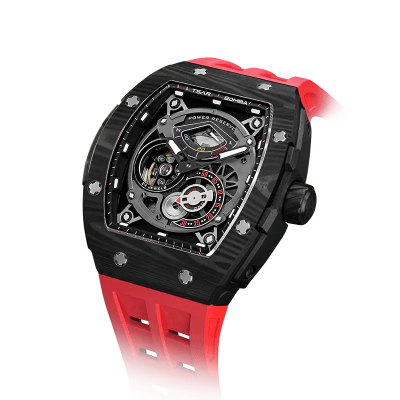TSAR BOMBA Men's Automatic Watch | Passion Red | Elementalal TB8210CF | Carbon Fiber Bezel | Luxury Skeleton Mechanical Watch...