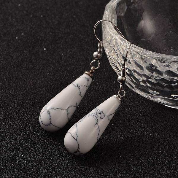 Teardrop Platinum Tone Brass Howlite Dangle Earrings