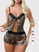Women's Floral Print Lace Trim Cami Top & Shorts Satin Pyjama Set, Sexy Comfy Spaghetti Strap Camisole & Shorts PJ Set, Women...