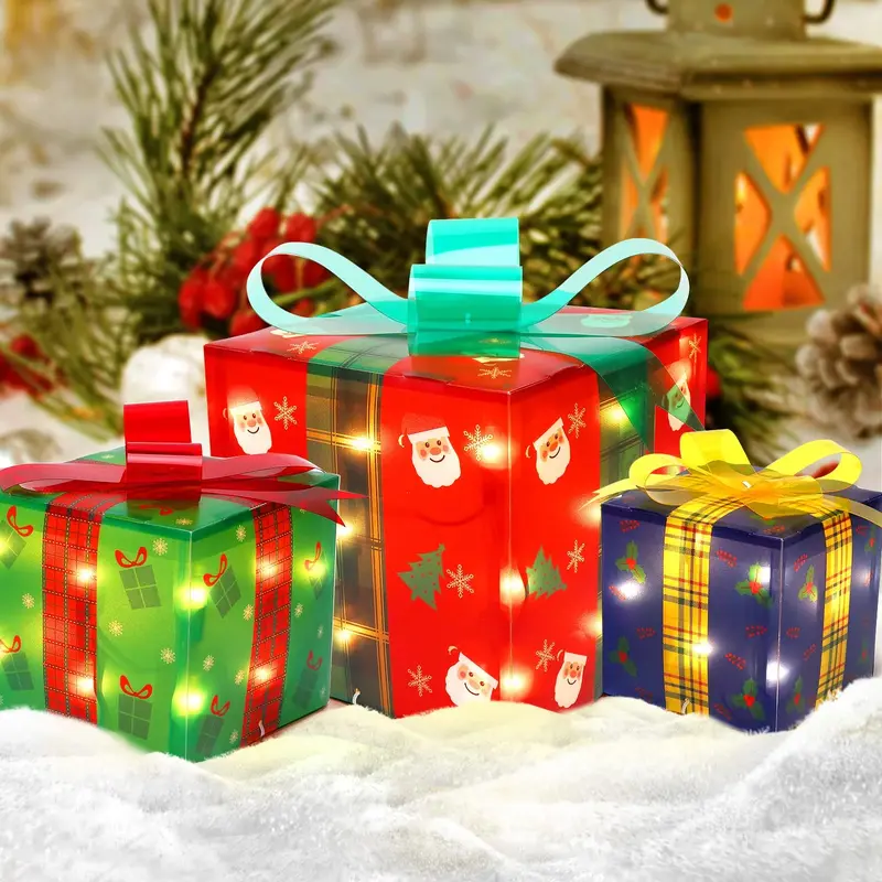Garvee Lighted Gift Boxes Christmas Decorations - Set of 3 Gift Boxes (Red, Blue, Green) - Includes 50 Mini Lights - Ideal fo...