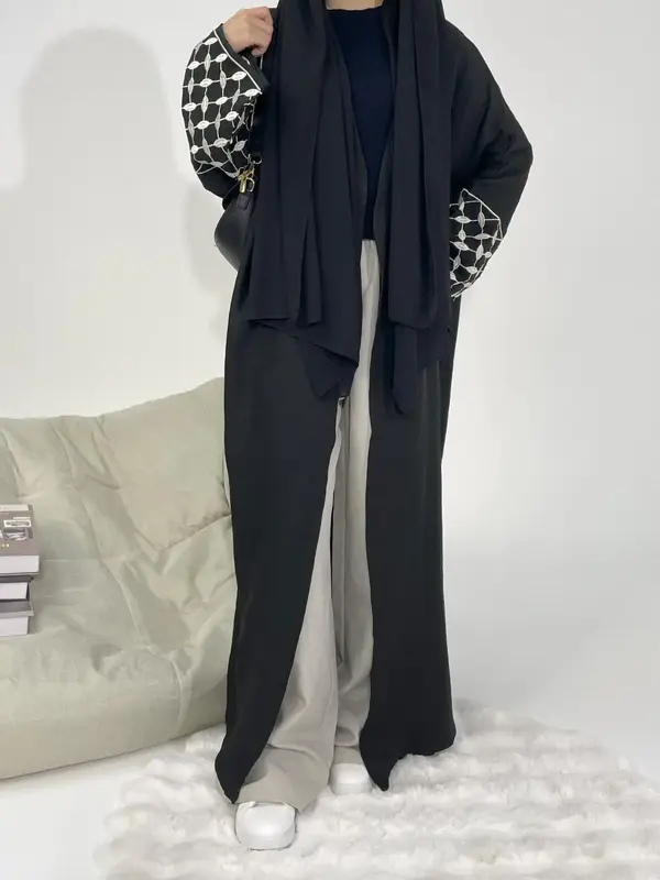 Women's   Embroidery Long Abaya, Modest Casual Long Sleeve Open Front Outerwear for Daily Wear, Ladies Islamic Clothing for A...
