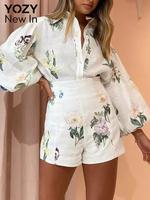 YOZY Two-Piece Set Women's Floral Print Lantern Sleeve Button Front Shirt & High Waist Shorts, Boho Casual Top & Shorts for ...