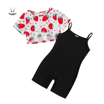 Toddler Girls Summer Outfit Strawberry Print Short Sleeves T-Shirt and Shorts Jumpsuit Set Cute 2 Piece Clothes