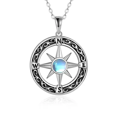 Sterling Silver Round Moonstone Compass Pendant Necklace Gift for Graduates