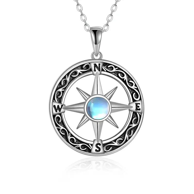 Sterling Silver Round Moonstone Compass Pendant Necklace Gift for Graduates
