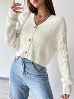 Womenswear Plain Button Front Drop Shoulder Cardigan, Basic Minimalist Solid Long Sleeve V Neck Knitwear for Fall & Winter, W...