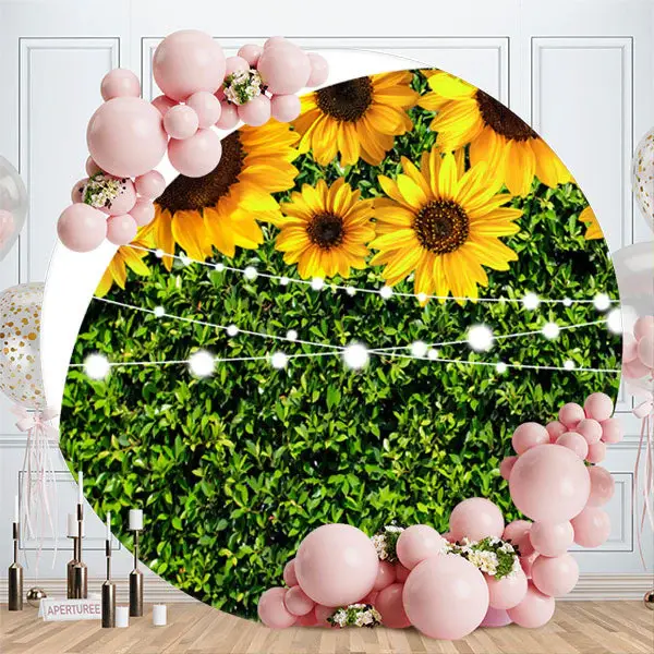 Aperturee Sunflowers And Green Leaves Round Birthday Backdrop
