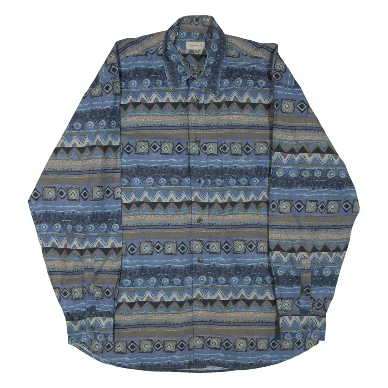 HAPPY LIFE Mens Shirt Blue Crazy Pattern Long Sleeve L