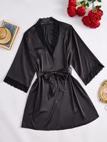 Women's Contrast Lace Belted Robe, Solid Color Long Sleeve V Neck Lounge Robe, Casual Comfy Sleepwear for Women, Nightwear, L...