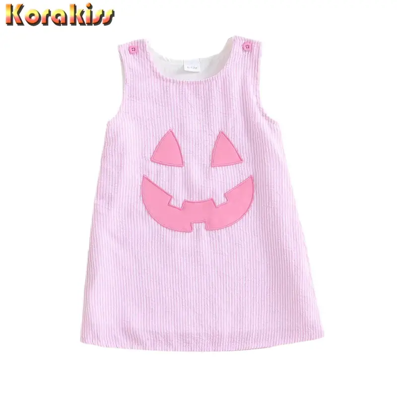 Girls Halloween Sleeveless Dress Casual Pumpkin Face Striped Print Summer Dress for Beach Party Cute Clothes