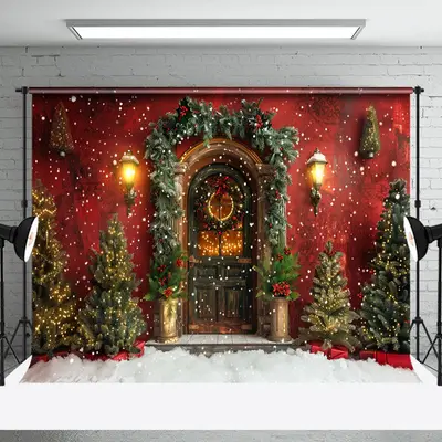 Red Wall Brown Door Trees Snowy Christmas Backdrop