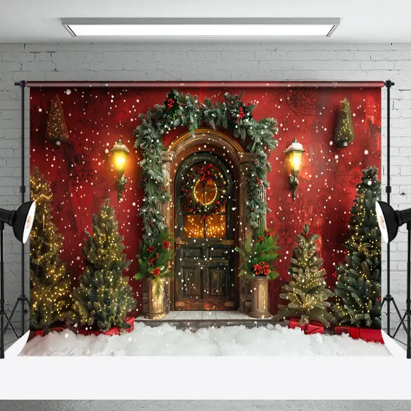 Red Wall Brown Door Trees Snowy Christmas Backdrop