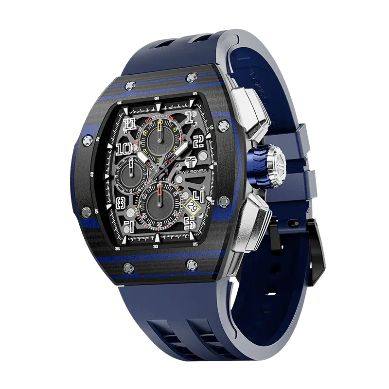 TSAR BOMBA Men's Quartz Watch | Blue | Atomic TB8214 | Carbon Fiber Bezel | Luxury Sport Watch | 50M Waterproof Sapphire Glas...